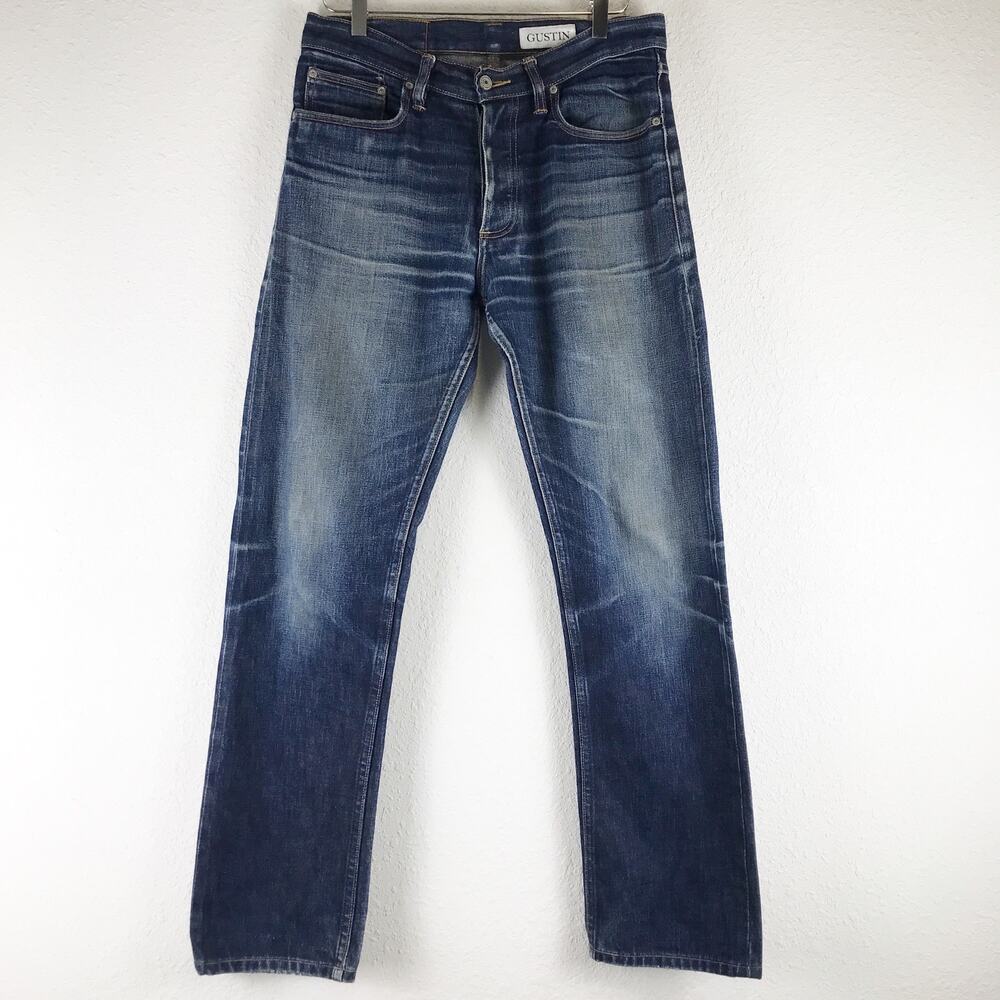Gustin Straight Leg Raw Button Fly Distressed Denim Jeans Repaired READ Size 33
